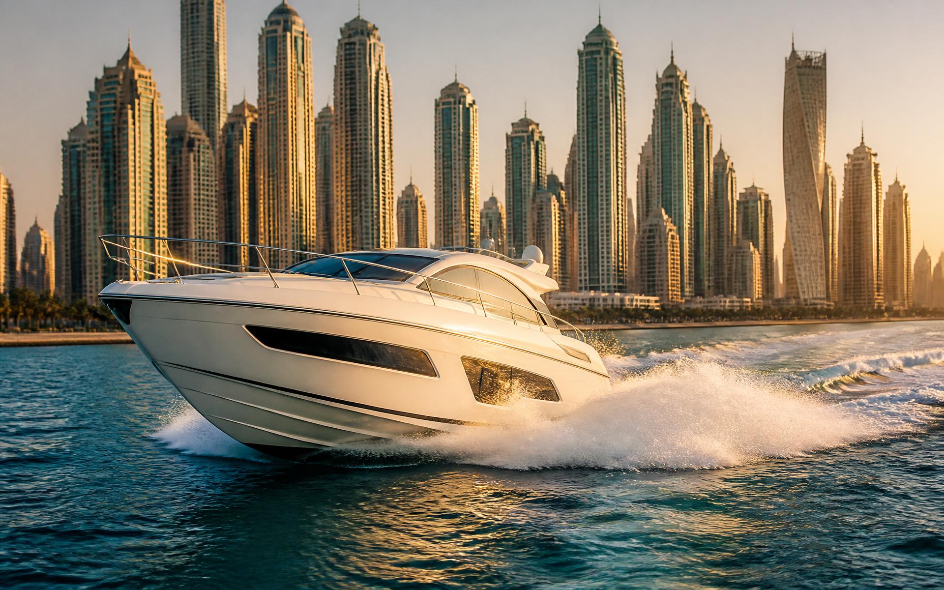 Powerboat at speed with Dubai Marina skyline behind
